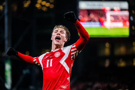 Rasmus Højlund of Denmark celebrates