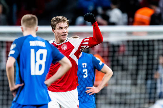 Rasmus Højlund of Denmark celebrates
