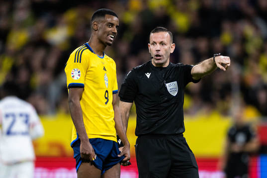 Alexander Isak of Sweden reacts to decision by Referee Orel