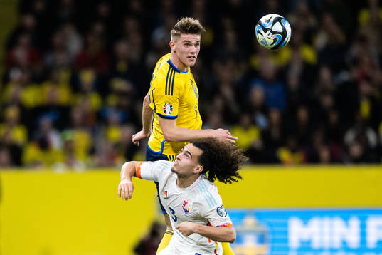 Viktor Gyökeres of Sweden and Arthur Theate of Belgium