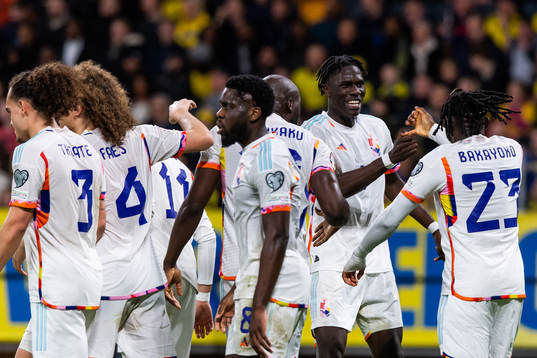 Romelu Lukaku, Amadou Onana and Johan Bakayoko of Belgium