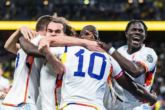 Arthur Theate, Romelu Lukaku and Amadou Onana  of Belgium