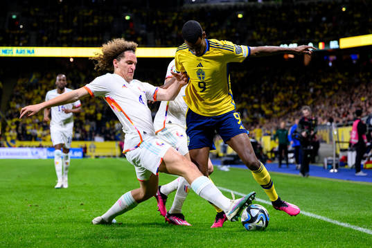 Wout Faes of Belgium and Alexander Isak of Sweden