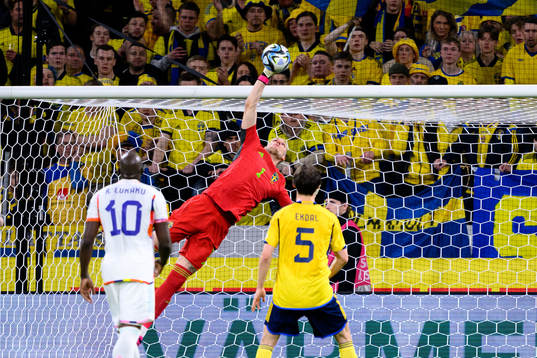 Goalkeeper Robin Olsen of Sweden with a save