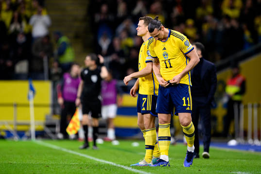 Viktor Claesson and Zlatan Ibrahimovic of Sweden