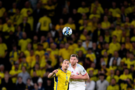 Zlatan Ibrahimovic of Sweden and Jan Vertonghen of Belgium