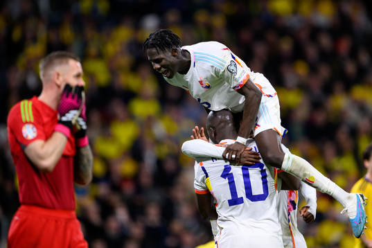 Romelu Lukaku and Amadou Onana of Belgium celebrates