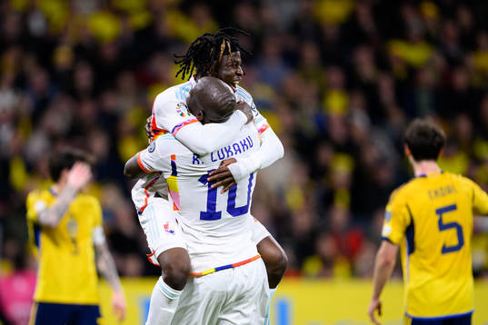 Romelu Lukaku and Johan Bakayoko of Belgium celebrate
