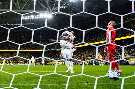 Romelu Lukaku and Johan Bakayoko of Belgium celebrate
