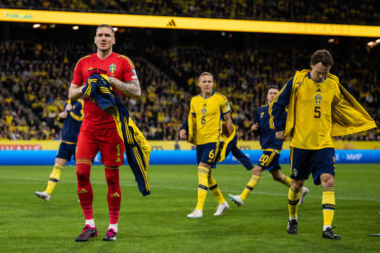 goalkeeper Robin Olsen and Hjalmar Ekdal of Sweden