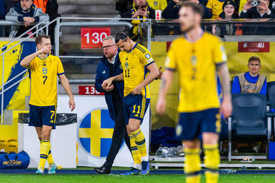 Head coach Janne Andersson talks to Zlatan Ibrahimovic of