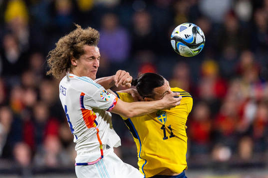 Amadou Onana of Belgium and Zlatan Ibrahimovic of Sweden