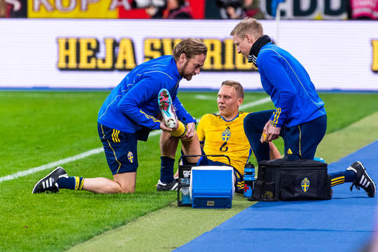 Ludvig Augustinsson of Sweden leaves the pitch and receives