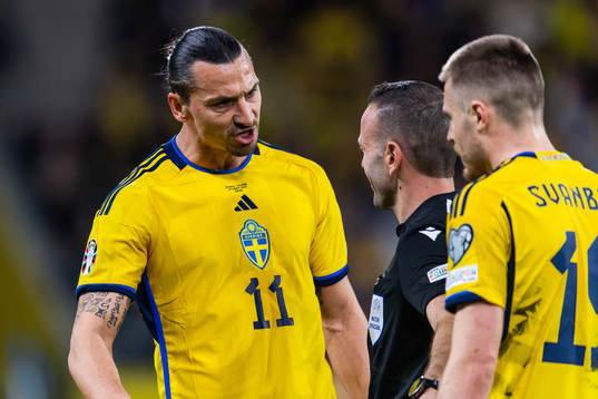 Zlatan Ibrahimovic of Sweden reacts towards Referee Orel
