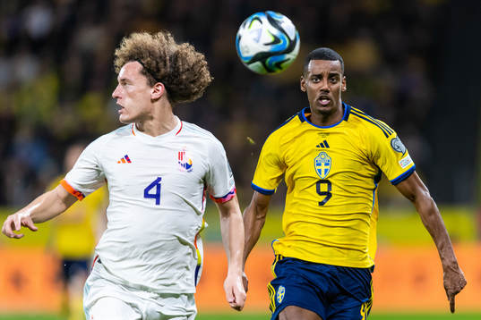 Wout Faes of Belgium and Alexander Isak of Sweden