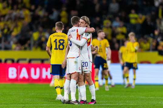 Jan Vertonghen and Sebastiaan Bornauw celebrate