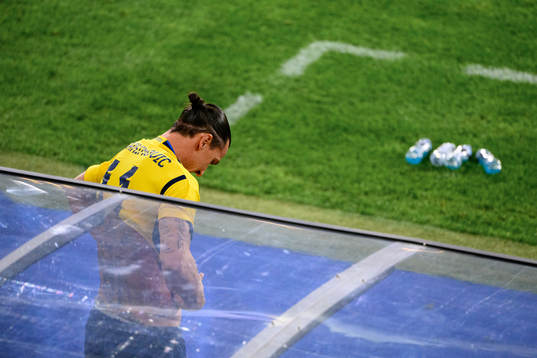 Zlatan Ibrahimovic of Sweden puts