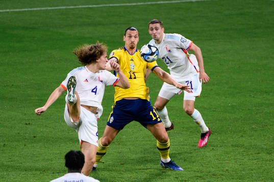 Wout Faes and Timothy Castagne of Belgium against Zlatan