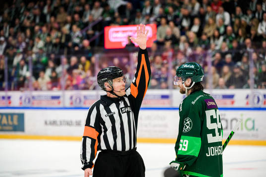 Domare Tobias Björk i samtal med Färjestads Linus