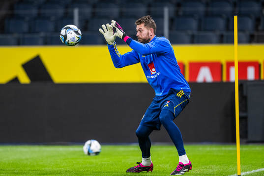 Goalkeeper Kristoffer Nordfeldet of the Swedish national