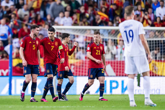 Aymeric Laporte and Álvaro Morata of Spain celebrate