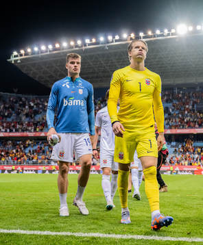 Alexander Sørloth and goalkeeper Ørjan Nyland of Norway