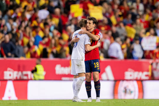 Martin Ødegaard of Norway and Mikel Oyarzabal of Spain