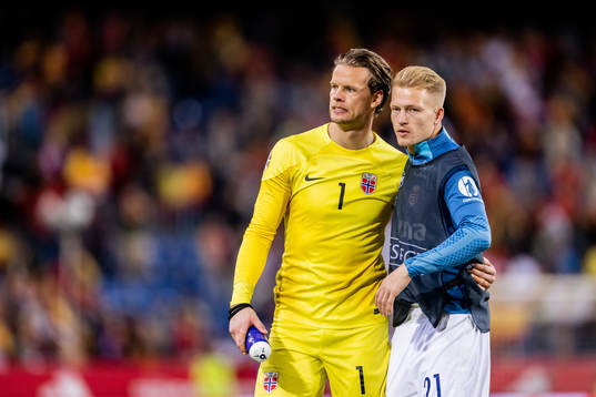 Goalkeeper Ørjan Nyland and Andreas Hanche-Olsen of Norway
