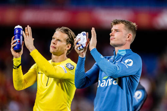goalkeeper Ørjan Nyland and Alexander Sørloth of Norway