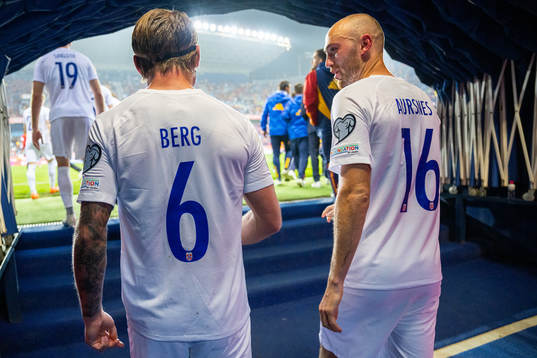 Patrick Berg and Fredrik Aursnes of Norway at half-time