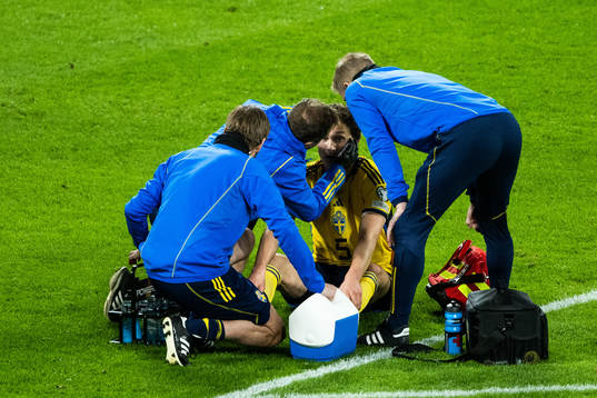 Hjalmar Ekdal of Sweden receives medical attention