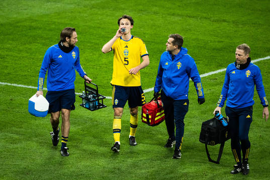 Hjalmar Ekdal of Sweden receives medical attention