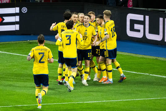 Emil Forsberg of Sweden celebrates with teammates