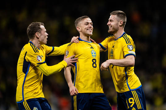 Jesper Karlsson of Sweden celebrate with Viktor Claesson