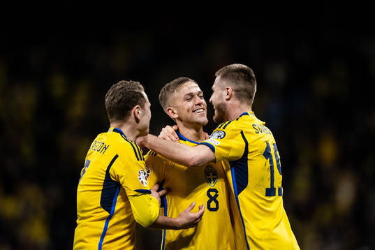 Jesper Karlsson of Sweden celebrate with Viktor Claesson