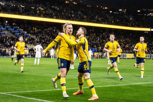 Emil Forsberg and Gabriel Gudmundsson of Sweden celebrate