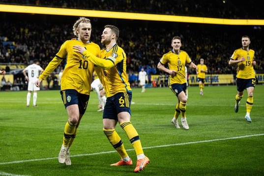 Emil Forsberg and Gabriel Gudmundsson of Sweden celebrate