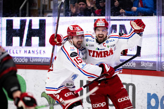 Timrås Anton Lander och Panu Mieho jublar