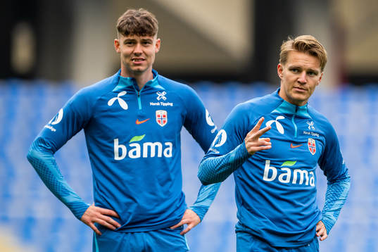Jørgen Strand Larsen and Martin Ødegaard of the Norwegian