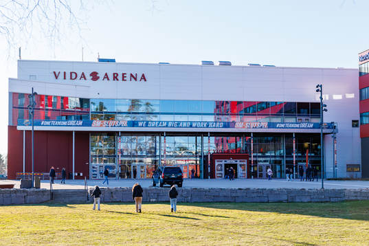 Exteriör vy från Vida arena före kvartsfinal sju i SHL