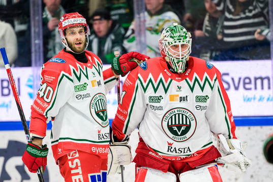 Frölundas Petteri Lindbohm och målvakt Lars Johansson