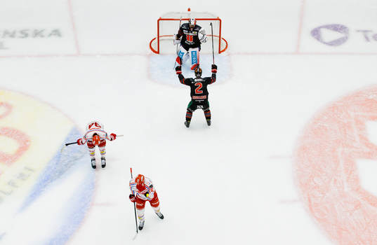 Örebros målvakt Jhonas Enroth och Rasmus Rissanen jublar