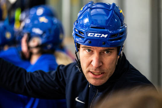 Goaltender coach Ola Kahem  of Sweden at a practice session