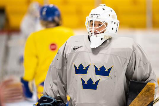 Goaltender Tindra Holm of Sweden at a practice session