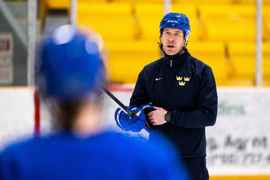 Goaltender coach Ola Kahem  of Sweden at a practice session