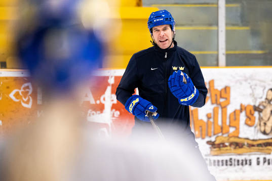 Goaltender coach Ola Kahem  of Sweden at a practice session