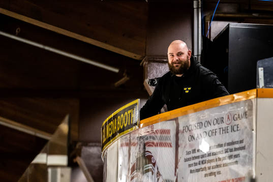 Video analyst Adam Albelin of Sweden at a practice session
