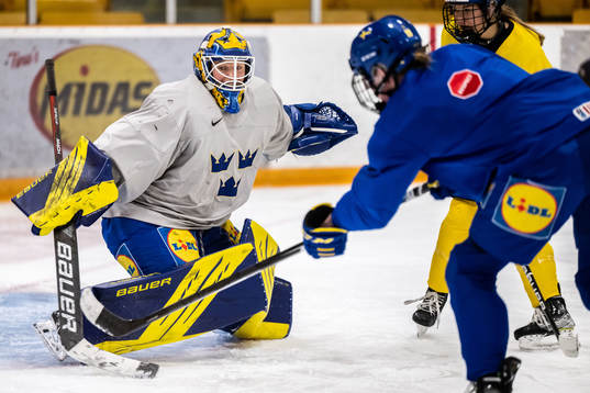 Goaltender Sara Grahn   of Sweden at a practice session