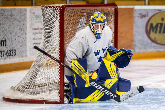 Goaltender Sara Grahn   of Sweden at a practice session