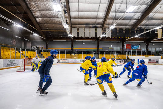 Head coach Ulf Lundberg and players of Sweden at a practice